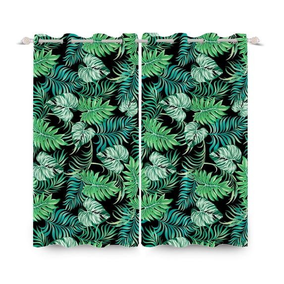 Black and Green Blackout Curtain Set of 2 Panels Summer Palm Leaves ...