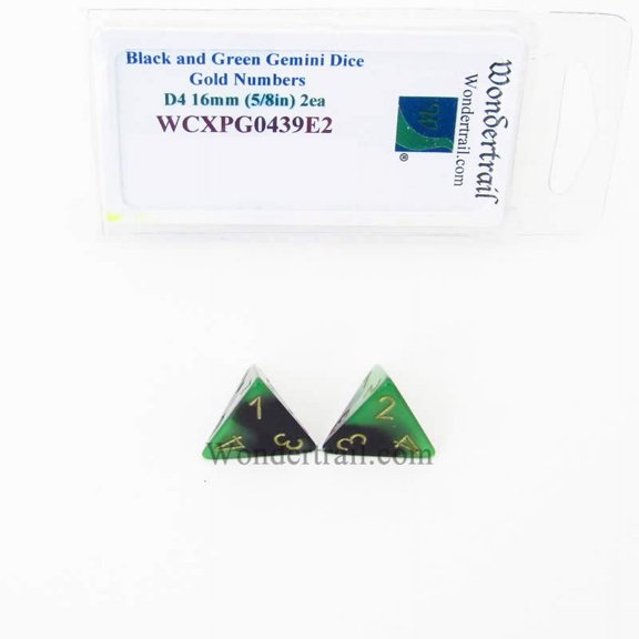 Black and Green Gemini Dice with Gold Numbers D4 Aprox 16mm (5/8in) Pack of 2 Wondertrail