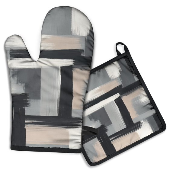 Black and Grey Abstract Art Artwork Kitchen Oven Mitt and Pot Holder Sets 2 Pcs for Baking, Cooking and Grilling, Heat Resistant Up To 392 °F