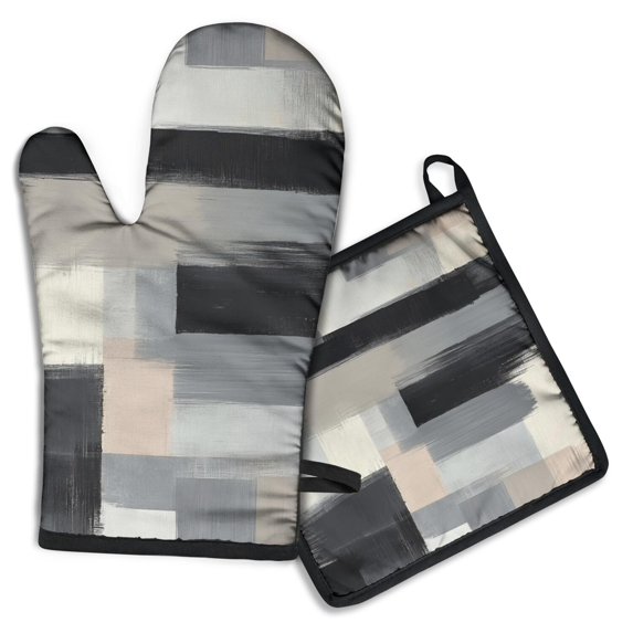 Black and Grey Abstract Art Artwork Kitchen Oven Mitt and Pot Holder Sets 2 Pcs for Baking, Cooking and Grilling, Heat Resistant Up To 392 °F