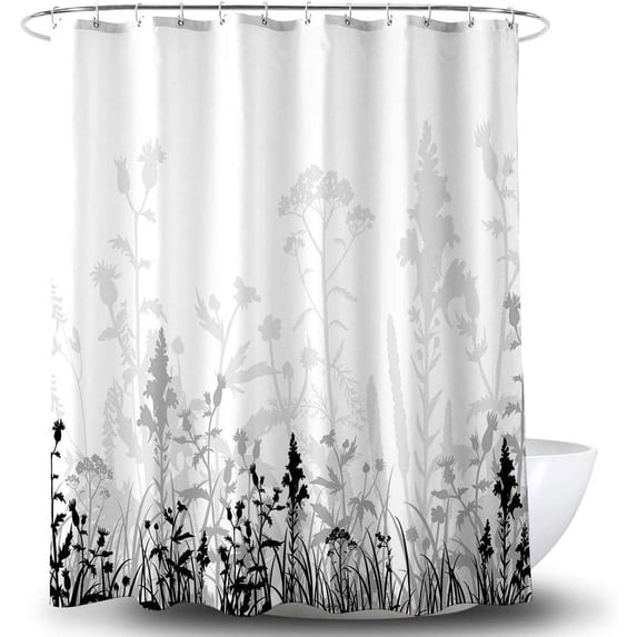 Black and Grey Floral Bathroom Fabric Shower Curtain with Hooks,Decorative Bathroom Accessories,Water Proof,Reinforced Metal Grommets 72x84 inches