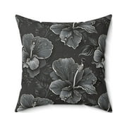 Black and Grey Hawaiian Hibiscus Flower Pattern - Square Throw Pillow