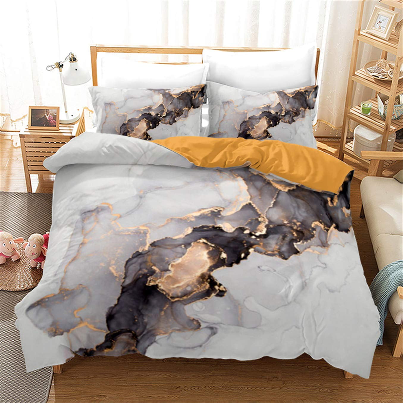 Black and Grey Marble Duvet Cover Set Modern Gray Gold Abstract Art Tie Dye Comforter Cover