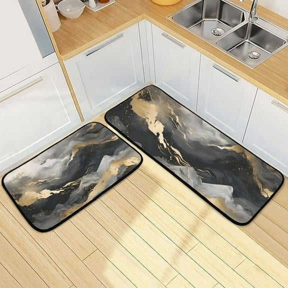 Black and Grey Marble Kitchen Mats Set 2 Piece Non Slip Floor Foam Rugs Cushioned Soft Waterproof Carpet Runner for Dining Room Bathroom Laundry