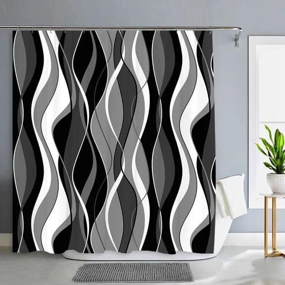 Black and Grey Shower Curtain Gray White Abstract Modern Bathroom Decor Waffle Weave Textured Fabric Shower Curtains With