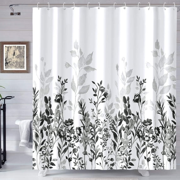 Black and Grey Shower Curtain, Watercolor Floral Bathroom Curtain Black and White Shower Curtains 72×72 inches
