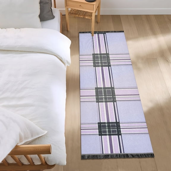 Black and Light Purple Plaids Bedside Runner Rug 2'x 6' Non Slip Carpet Floor Mat Area Rug