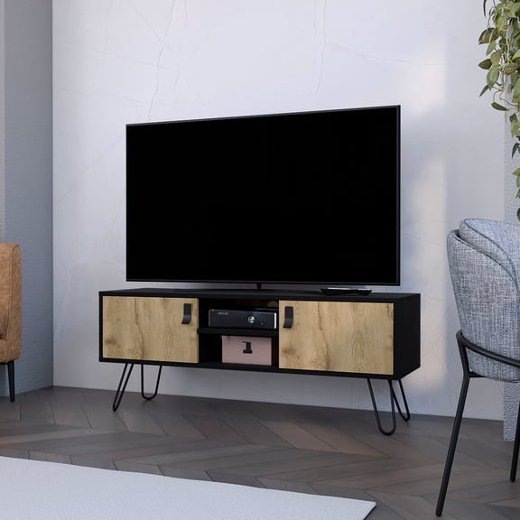 Black and Macadamia TV Rack with Stylish Legs | Fits Various TV Sizes, Enclosed Storage | Manufactured Wood | Organizes Entertainment Area