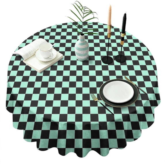 Black and Mint Green Checkerboard Pattern Round Tablecloth 60"x60",Wrinkle Wipeable Table Cloth for Kitchen Dining Room Picnic Patio Party