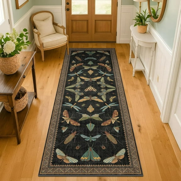 Black and Multi Washable Non Slip Runner Rug 2 Feet 6 Inches by 8 Feet