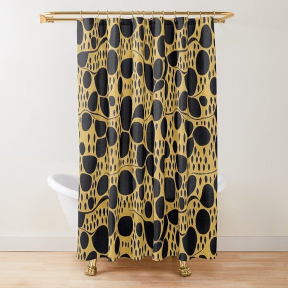 Black and Mustard Gold Organic Pebbles and Dash Marks Shower Curtain, 100% Polyester, Bathroom Decor