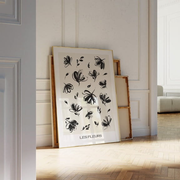 Black and Neutral Floral Print Les Fleurs French Bohemian Botanical Decor, Unframed Canvas 12x16in
