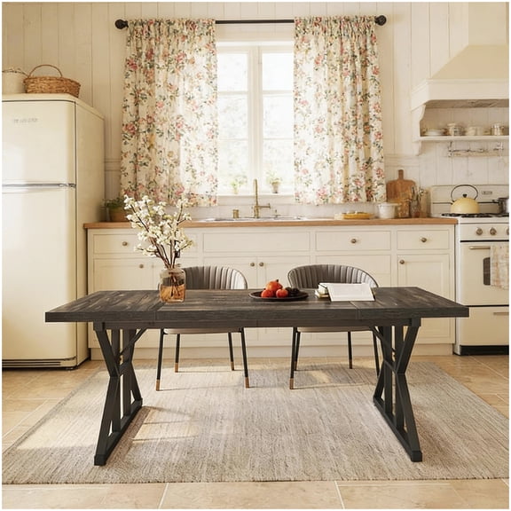 Black and Oak Dining Table, Trestle Base Kitchen Table, Durable Metal and Wood Construction