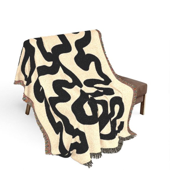 Black and Off-White Abstract Squiggle Woven Throw Blanket, 100% Cotton, Modern Living Room Decor