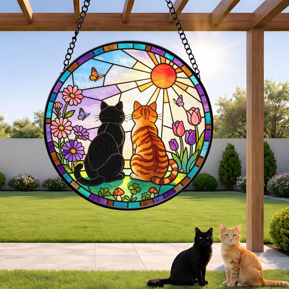 Black and Orange Cat Couple Faux Stained Glass Acrylic Suncatcher, Window Hanging Decor, Wedding Anniversary Gift