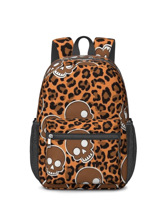 Black and Orange Leopard Print 17" Waterproof Oxford School Backpacks for Teens, S-Shape Padded Straps, for School, Travel, Hiking, Camping