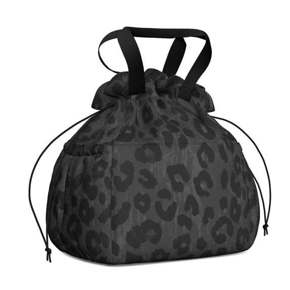 Black and Orange Leopard Print Drawstring Insulated Lunch Bag for Women, Stain-Resistant Large Lunch Tote with Multi-Pockets for Work Office