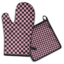 Black and Pink Checkerboard Pattern Kitchen Oven Mitt and Pot Holder Sets 2 Pcs for Baking, Cooking and Grilling, Heat Resistant Up To 392 °F