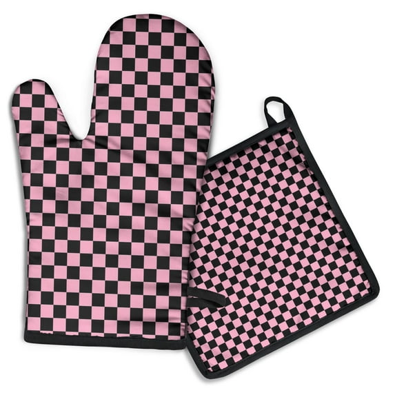 Black and Pink Checkerboard Pattern Kitchen Oven Mitt and Pot Holder Sets 2 Pcs for Baking, Cooking and Grilling, Heat Resistant Up To 392 °F