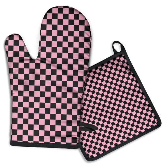 Black and Pink Checkerboard Pattern Kitchen Oven Mitt and Pot Holder Sets 2 Pcs for Baking, Cooking and Grilling, Heat Resistant Up To 392 °F