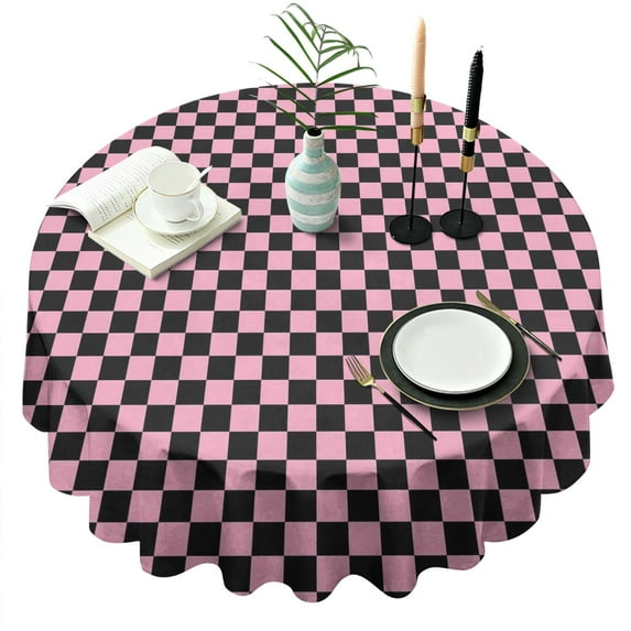 Black and Pink Checkerboard Pattern Round Tablecloth 60"x60",Wrinkle Wipeable Table Cloth for Kitchen Dining Room Picnic Patio Party