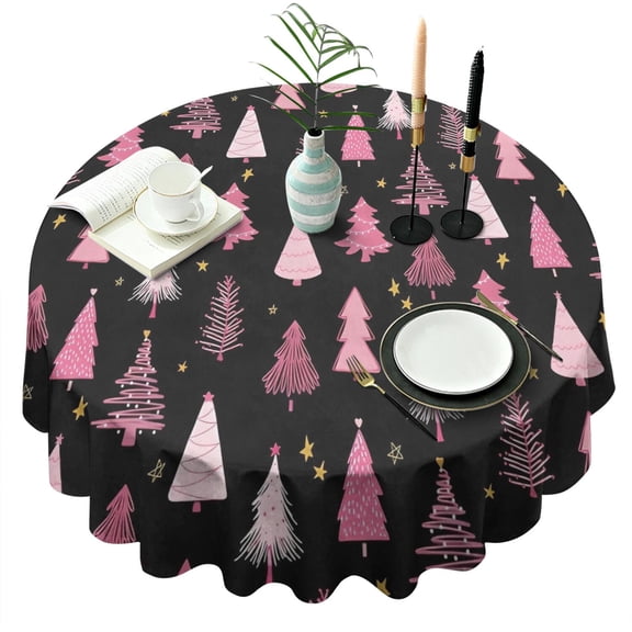 Black and Pink Christmas Tree Pattern Round Tablecloth 60"x60",Wrinkle Wipeable Table Cloth for Kitchen Dining Room Picnic Patio Party