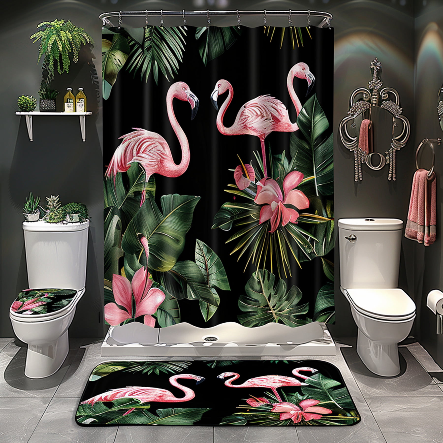 Black and Pink Flamingo Tropical Rainforest Shower Curtain Set Cute Fresh Lively Bathroom Decor