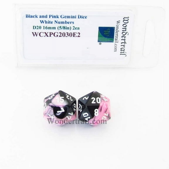 Black and Pink Gemini Dice with White Numbers D20 Aprox 16mm (5/8in) Pack of 2 Wondertrail