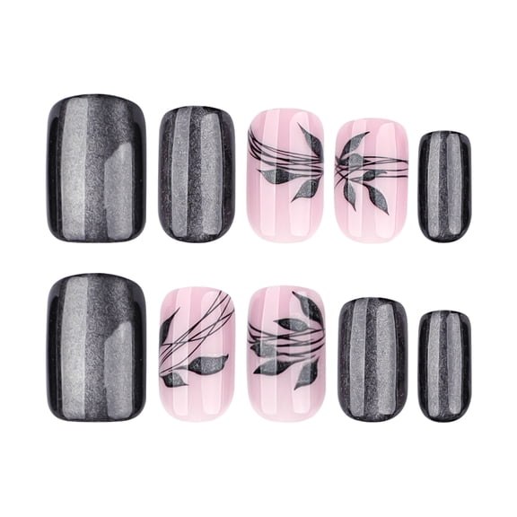 Black and Pink Leaf Pattern Press on Nails, Short Squoval Glossy False Nails with Line Design, 24 Count