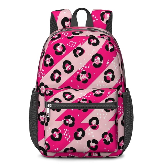 Black and Pink Leopard Print 17" Waterproof Oxford School Backpacks for Teens, S-Shape Padded Straps, for School, Travel, Hiking, Camping
