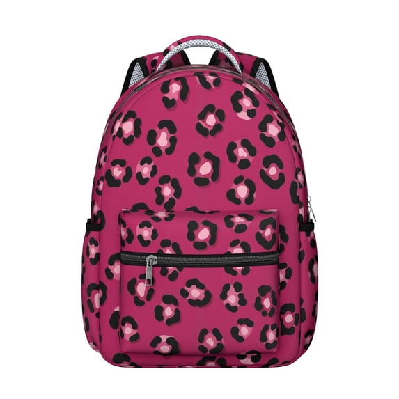 Black and Pink Leopard Print Backpack for School, Cute School Bag with Adjustable Shoulder Straps and Padded Back, 15.3"x11"x7.1"