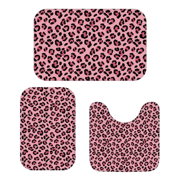 Black and Pink Leopard Print Bathroom Rug Set 3 Piece,Non-Slip Bath Mat Set with U-Shaped Contour and Runner Soft Absorbent Washable