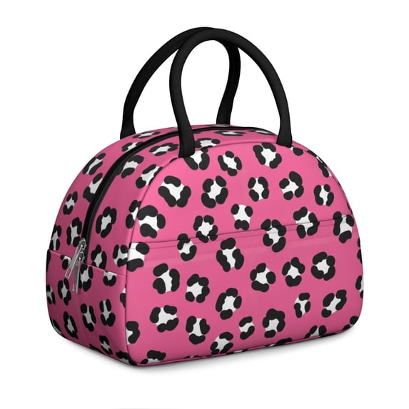 Black and Pink Leopard Print Insulated Lunch Bag,Leakproof Large Capacity Lunch Box for Work,Picnic or Travel,11.4 X 6.7 X 8.3 Inches