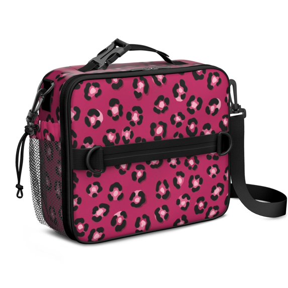 Black and Pink Leopard Print Insulated Lunch Bag with Shoulder Strap and Bottle Holder,Bento School Lunch Bag Box,11x9.5x3.5 Inches