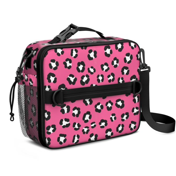 Black and Pink Leopard Print Insulated Lunch Bag with Shoulder Strap and Bottle Holder,Bento School Lunch Bag Box,11x9.5x3.5 Inches