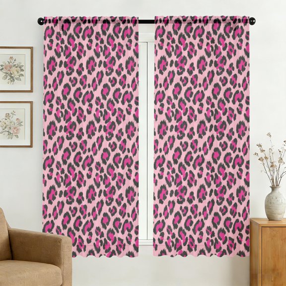 Black and Pink Leopard Print Sheer Curtains, Rod Pocket Sheer Drapes with Dual Rod Pocket, Airy Sheer Gifts for Family Friends Neighbors,42"x63"