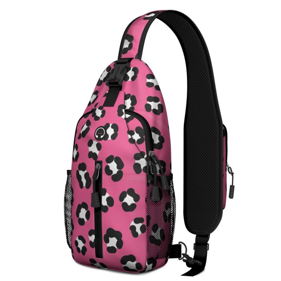 Black and Pink Leopard Print Sling Backpack, Casual Day Sling Pack with Earphone Port, Breathable Padded Back Gift Ideas for Holiday Birthday Gifts