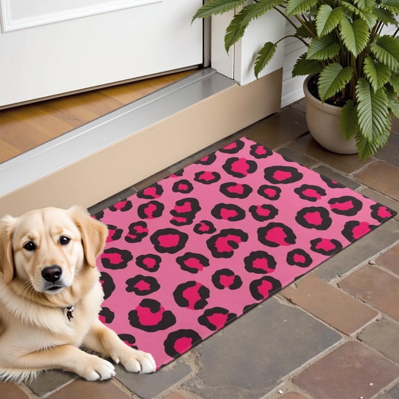 Black and Pink Leopard Print Washable Non Slip Indoor Door Mat, Decorative Entry Rug for Entrance, Bedroom, Kitchen, Bathroom, 16"x24"