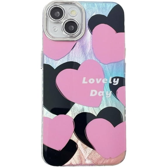 Black and Pink Love Heart Laser Feather Pattern Letters Soft for iPhone Case (Pink,iPhone 13 Pro)