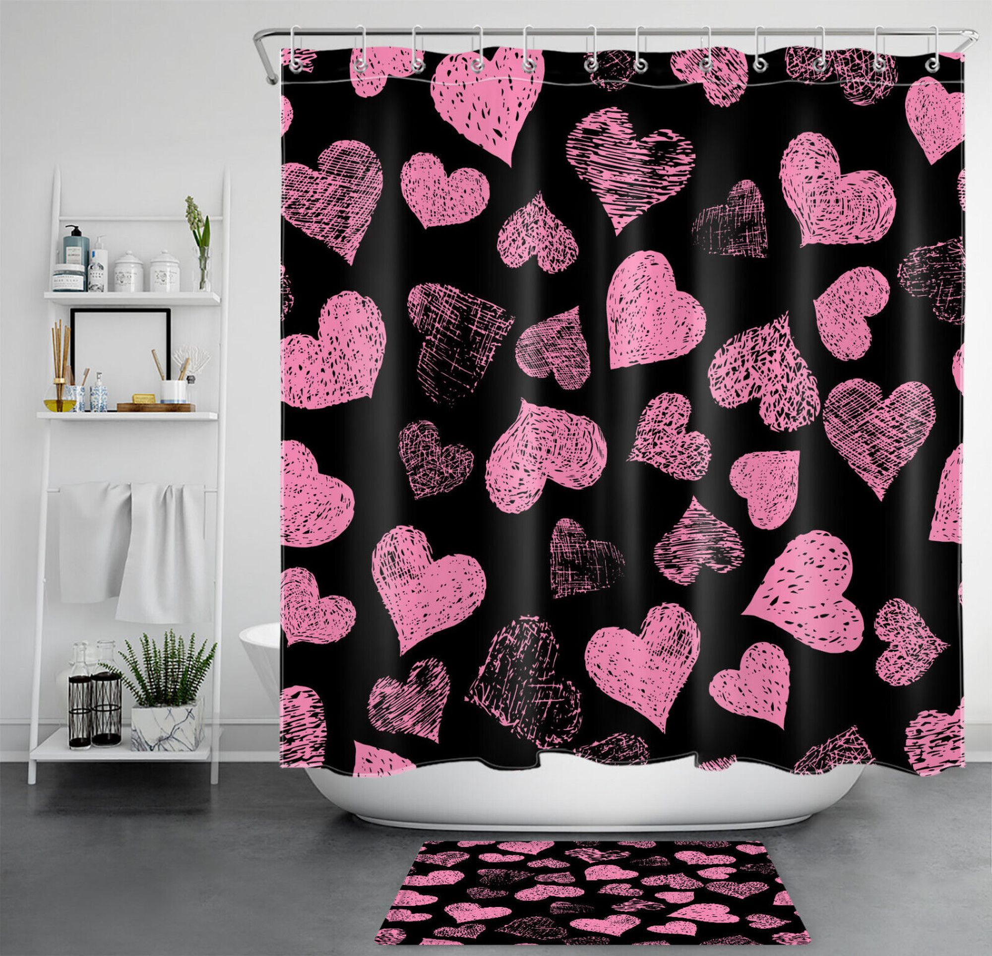 Black and Pink Love Heart Valentine's Day Shower Curtain Set for