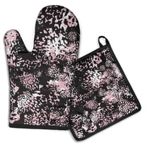 Black and Pink Of Leopard Print Kitchen Oven Mitt and Pot Holder Sets 2 Pcs for Baking, Cooking and Grilling, Heat Resistant Up To 392 °F