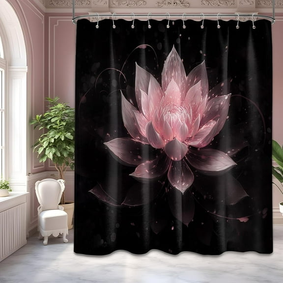 Black and Pink Shower Curtain Lotus Flower Shower Curtains for Bathroom Decor Decorative Floral Bath Curtain Set, Waterproof Cloth Fabric, 60x72in