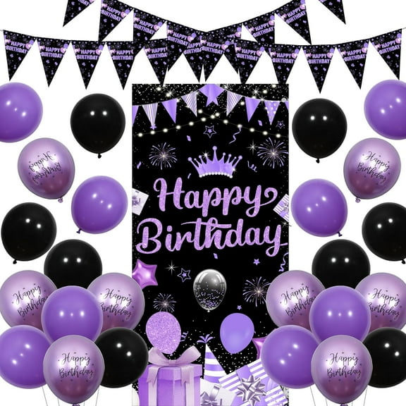 Black and Purple Birthday Decorations for Girls Women Happy Birthday Triangle Flag Banner Balloons Party Supplies 18th 40th 50th