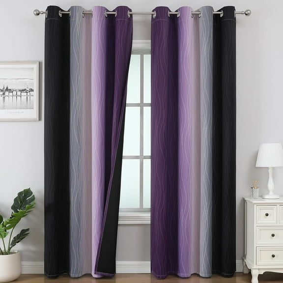 Black and Purple Ombre Blackout Curtains, Thermal Insulated Gradient Room Darkening Drapes, 2 Panels, 52" x 96"