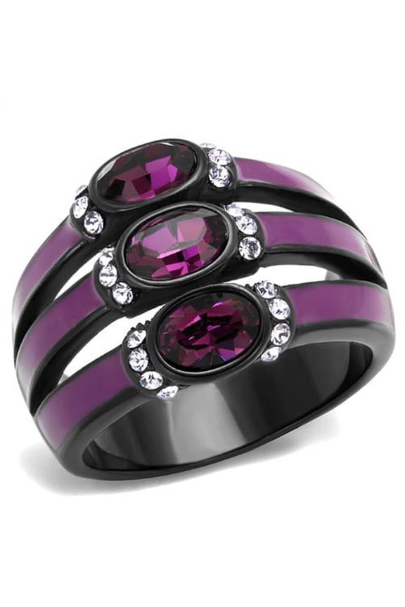 Black and Purple Stainless Steel Amethyst Crystal Fashion Ring Women's Size 7