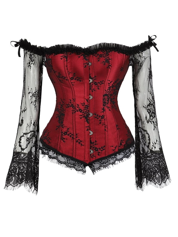 Black and Red Corsets for Women Bustier Sleeves Lace up Floral Costumes Plus Size Medieval Lingerie 2XL
