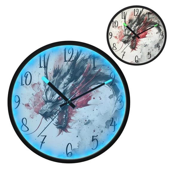 Black and Red Dragon Luminous Wall Clock with Sound-Activated LED 12-Inch Silent Acrylic Timepiece for Bedroom Livingroom or Office