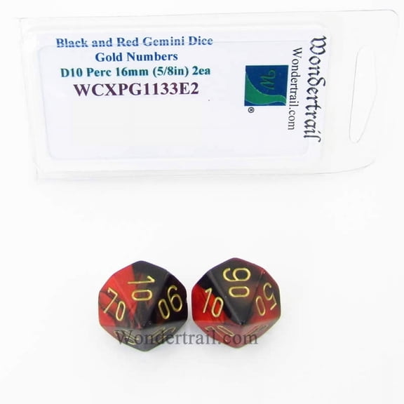 Black and Red Gemini Dice with Gold Numbers Perc D10 Aprox 16mm (5/8in) Pack of 2 Wondertrail