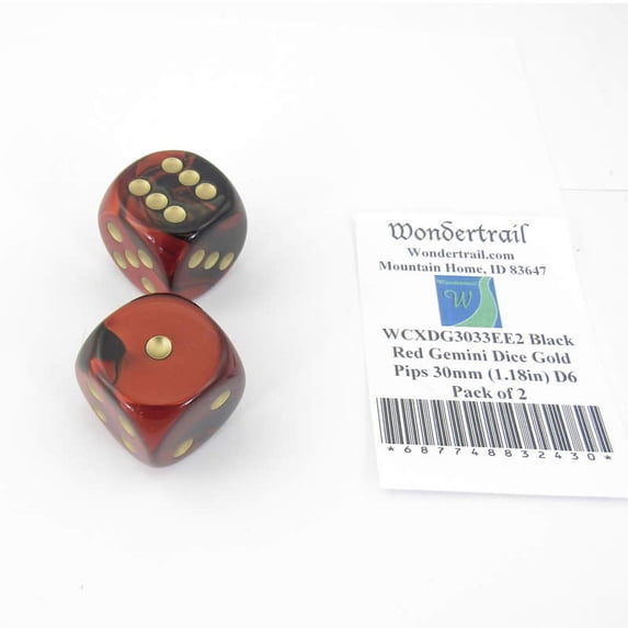 Black and Red Gemini Dice with Gold Pips 30mm (1.18in) D6 Pack of 2 Wondertrail