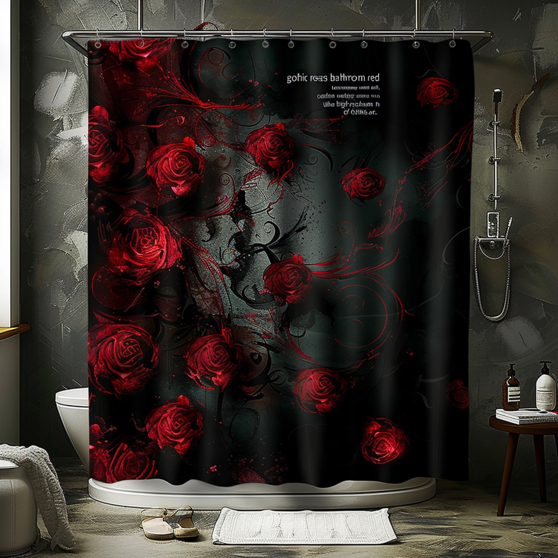 Black and Red Gothic Roses Bathroom Curtain with Dark Fantasy Design ...